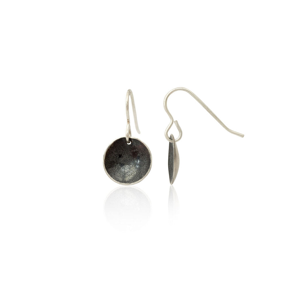 Kate Phipps Jewellery Domed circles drop earrings oxidised silver one side on product photo