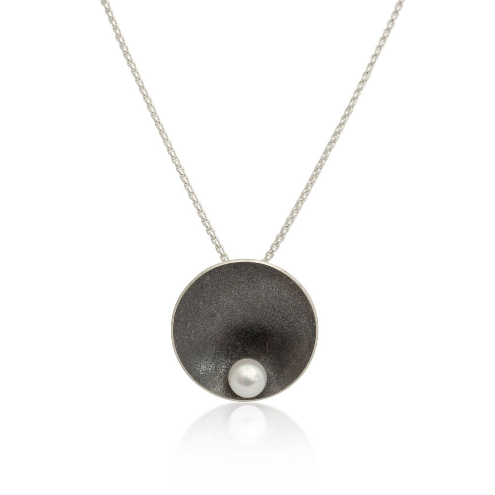 Kate Phipps Jewellery Domed circles necklace white pearl oxidised silver product photo