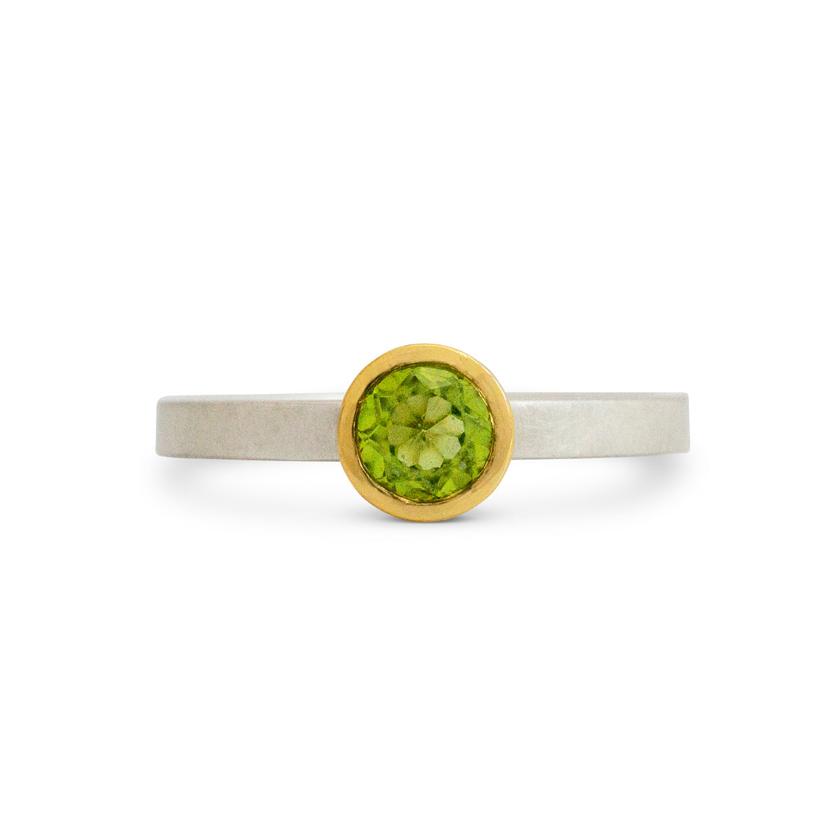 Kate Phipps Jewellery Nugget ring set peridot 18 carat yellow gold setting silver ring band