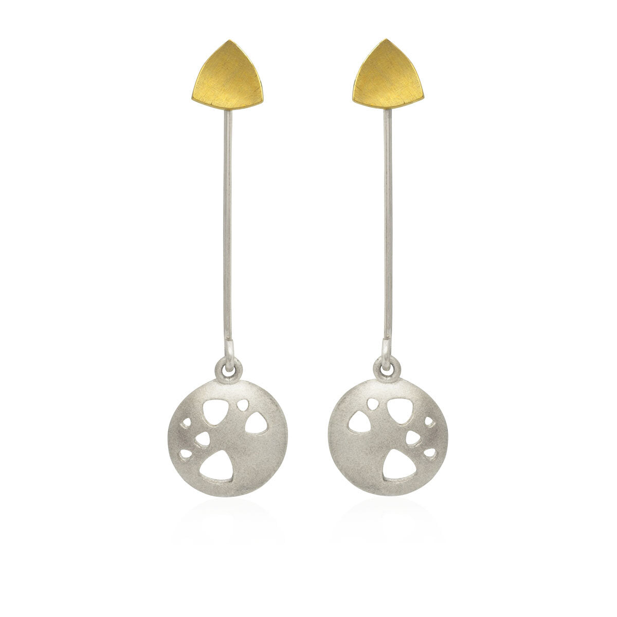 Kate Phipps Jewellery Scattered trillions long drop earrings silver dropd with 22 carat yellow gold plated silver trillion studs convex side product photo
