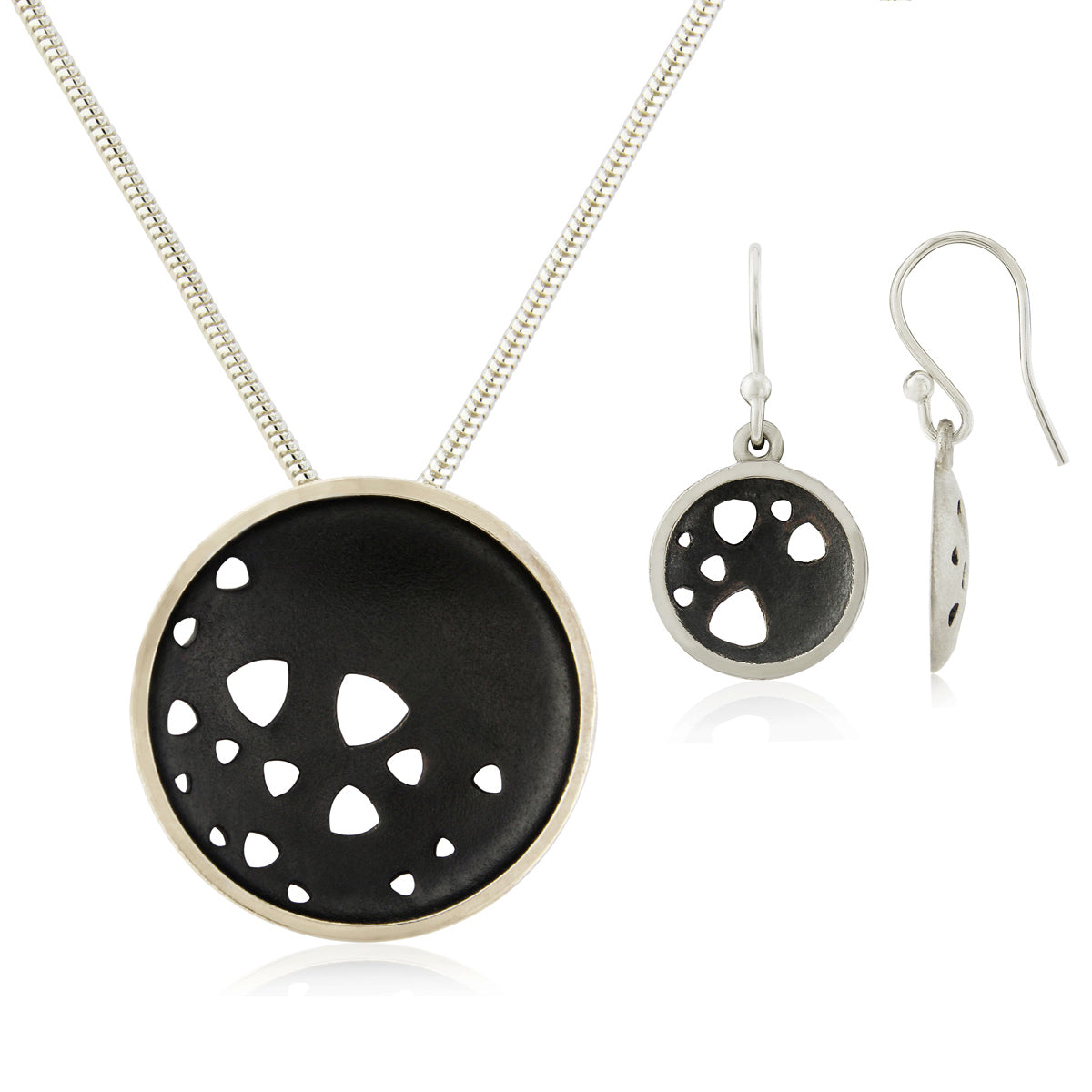 Kate Phipps Jewellery Scattered trillions set oxidised silver large necklace with drop earrings product photo