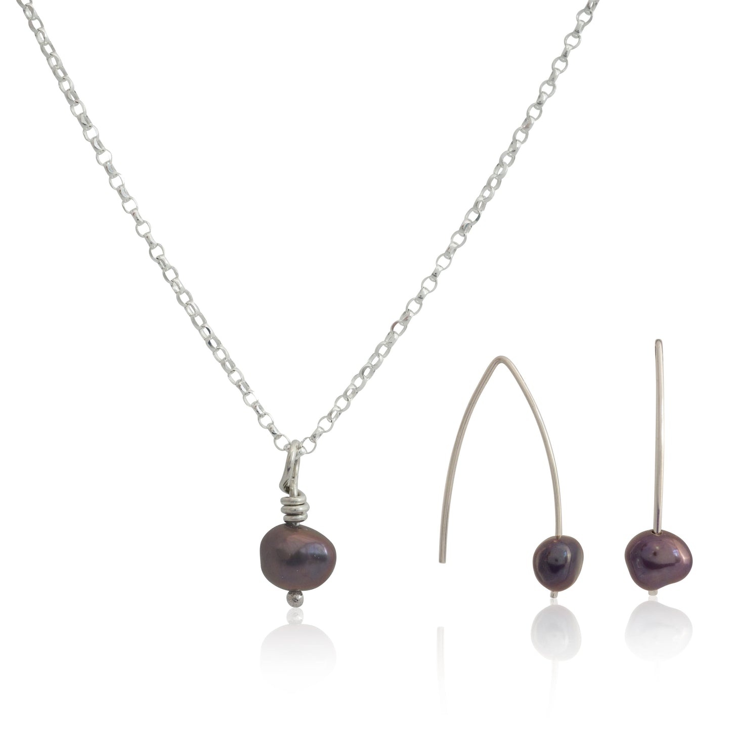 Kate Phipps Jewellery Simple elegance set peacock pearl and silver drop earrings and pendant on silver diamond cut belcher chain