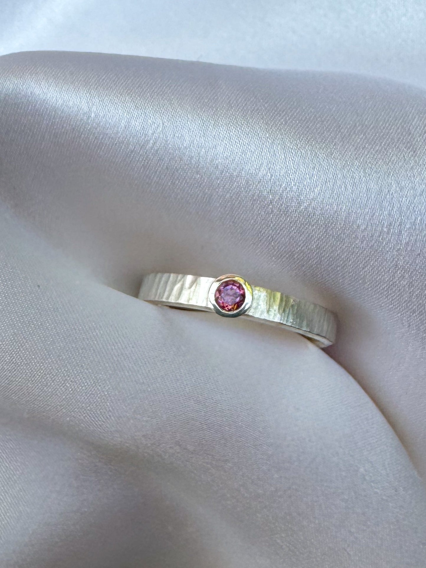 Pink tourmaline and textured silver solitaire ring - size O to O 1/2