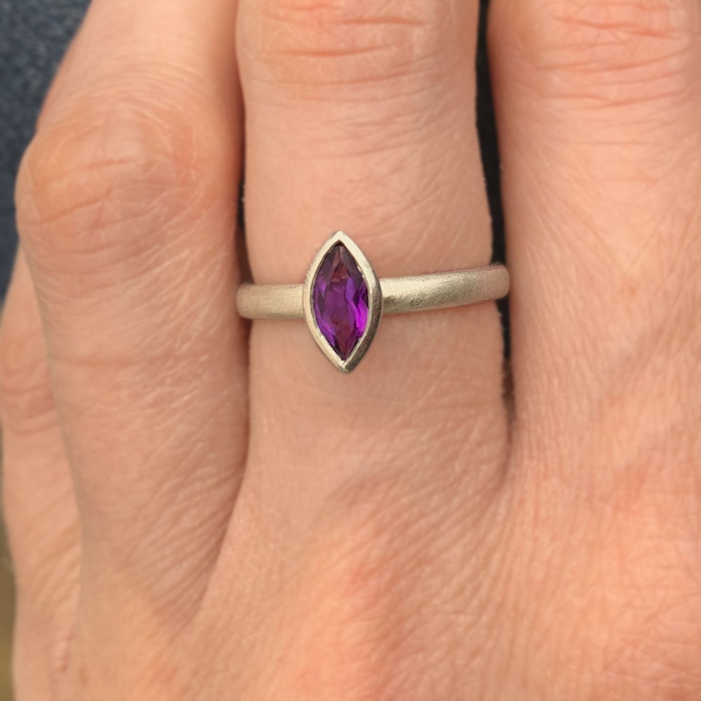 Kate Phipps Jewellery Solitaire ring marquise amethyst and silver set straight model photo