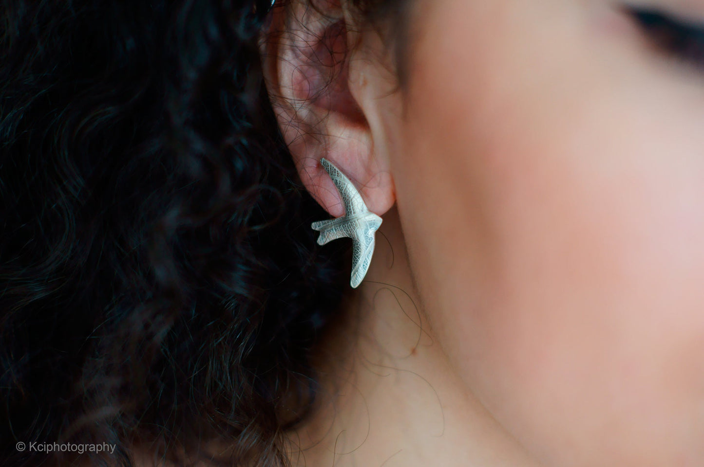 Kate Phipps Jewellery silver swift stud earrings leaf skeleton texture model photo