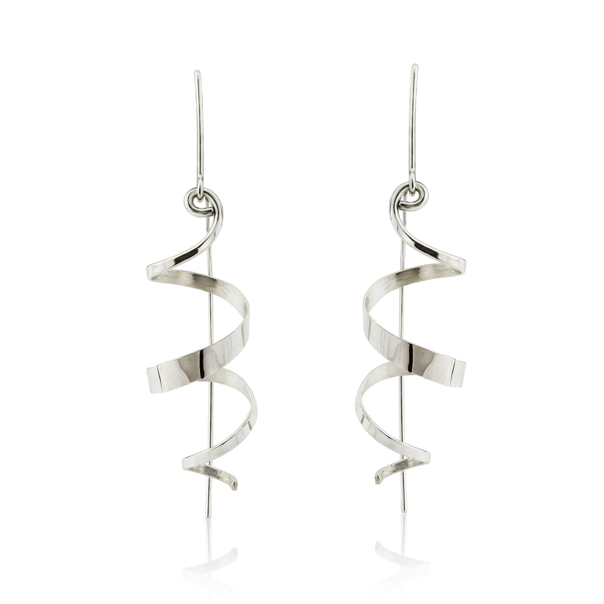 Kate Phipps Jewellery silver swirl drop earrings product photo front on