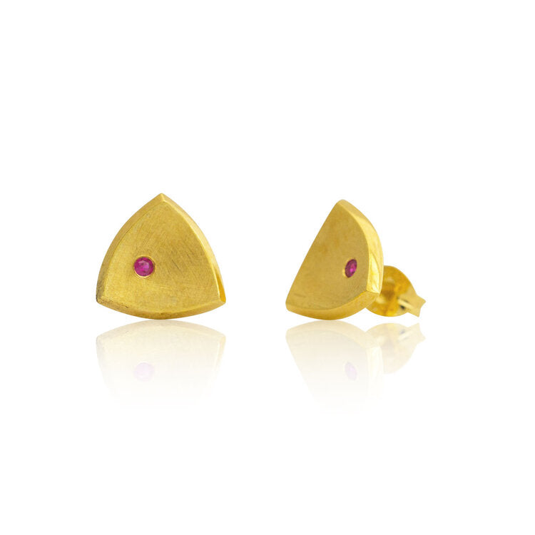 Kate Phipps Jewellery Trillion stud earrings medium 22 carat yellow gold plated silver with rubies