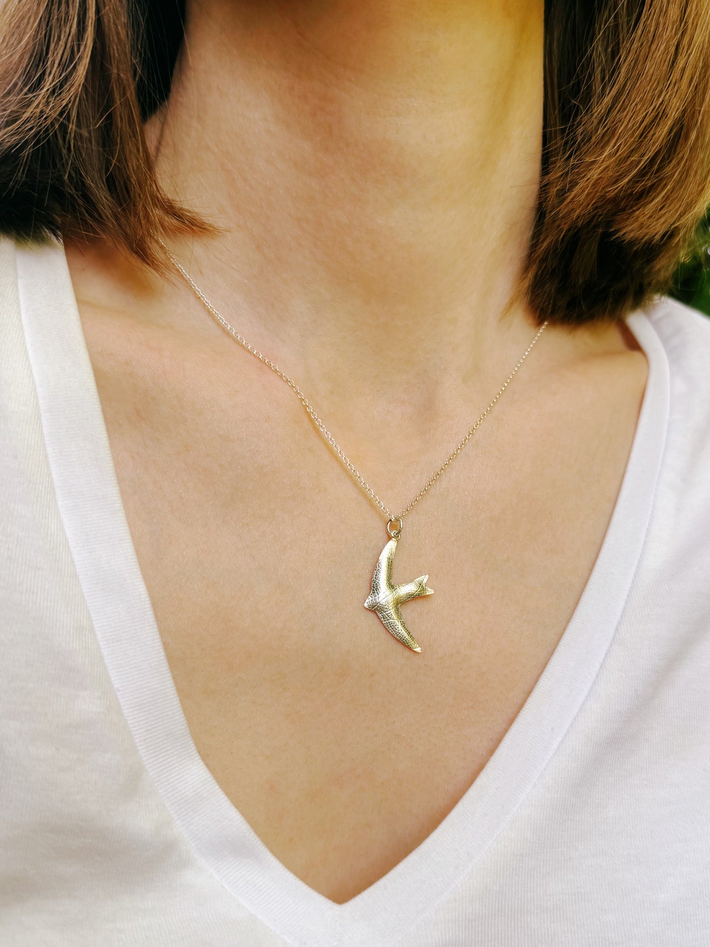 Mini swift bird necklace - leaf skeleton texture