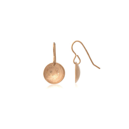 Kate Phipps Jewellery Domed circles drop earrings 18 carat rose gold plated silver leaf skeleton texture product photo