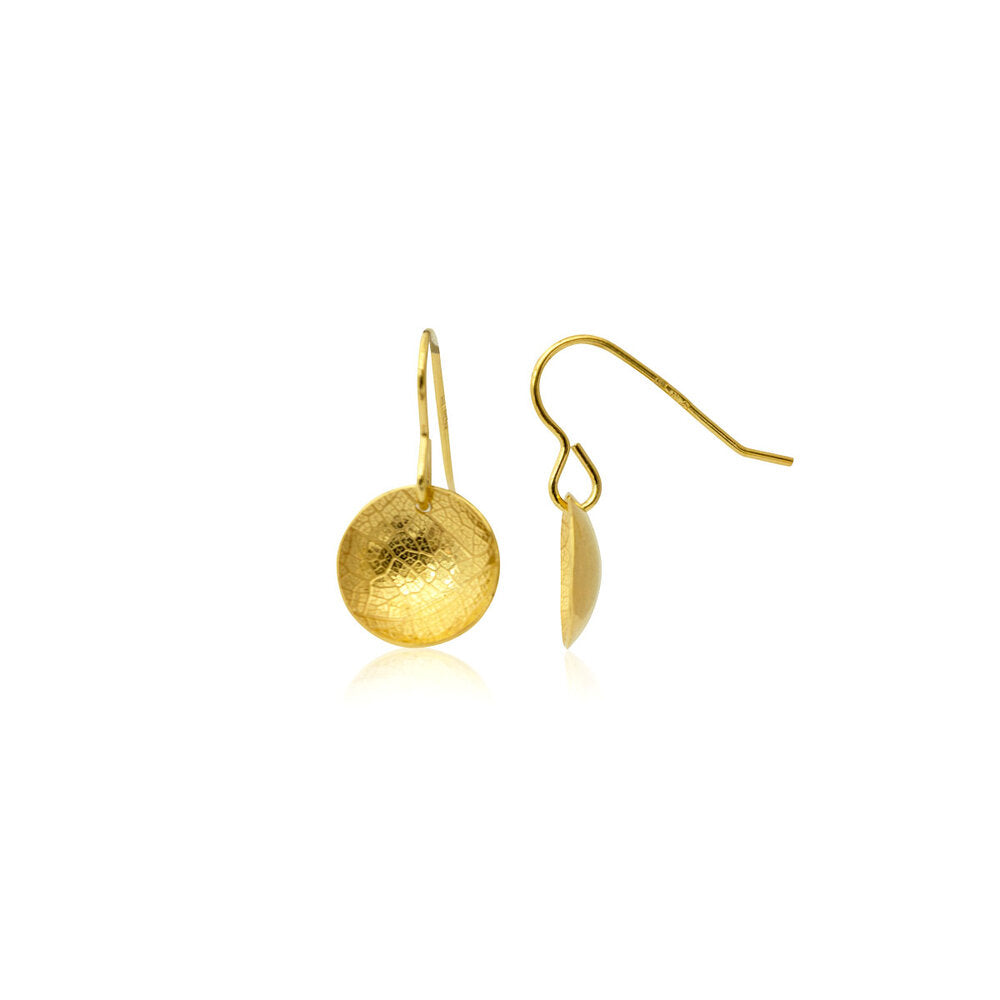 Kate Phipps Jewellery Domed circles drop earrings 22 carat yellow gold plated silver leaf skeleton product photo