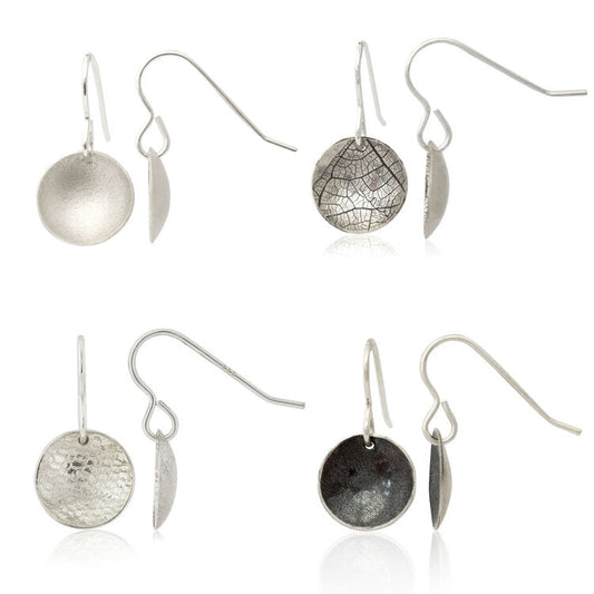 Kate Phipps Jewellery Domed circles drop earrings four pairs silver with different textures