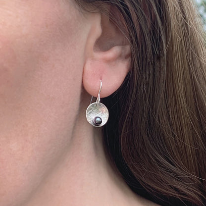 Kate Phipps Jewellery Domed circles drop earrings lace textured silver with peacock pearl model photo