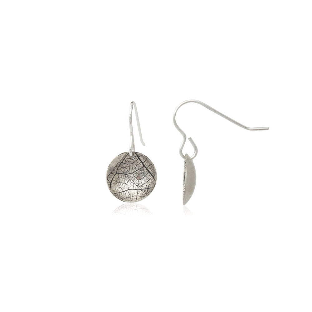 Kate Phipps Jewellery Domed circles drop earrings oxidised silver leaf skeleton product photo