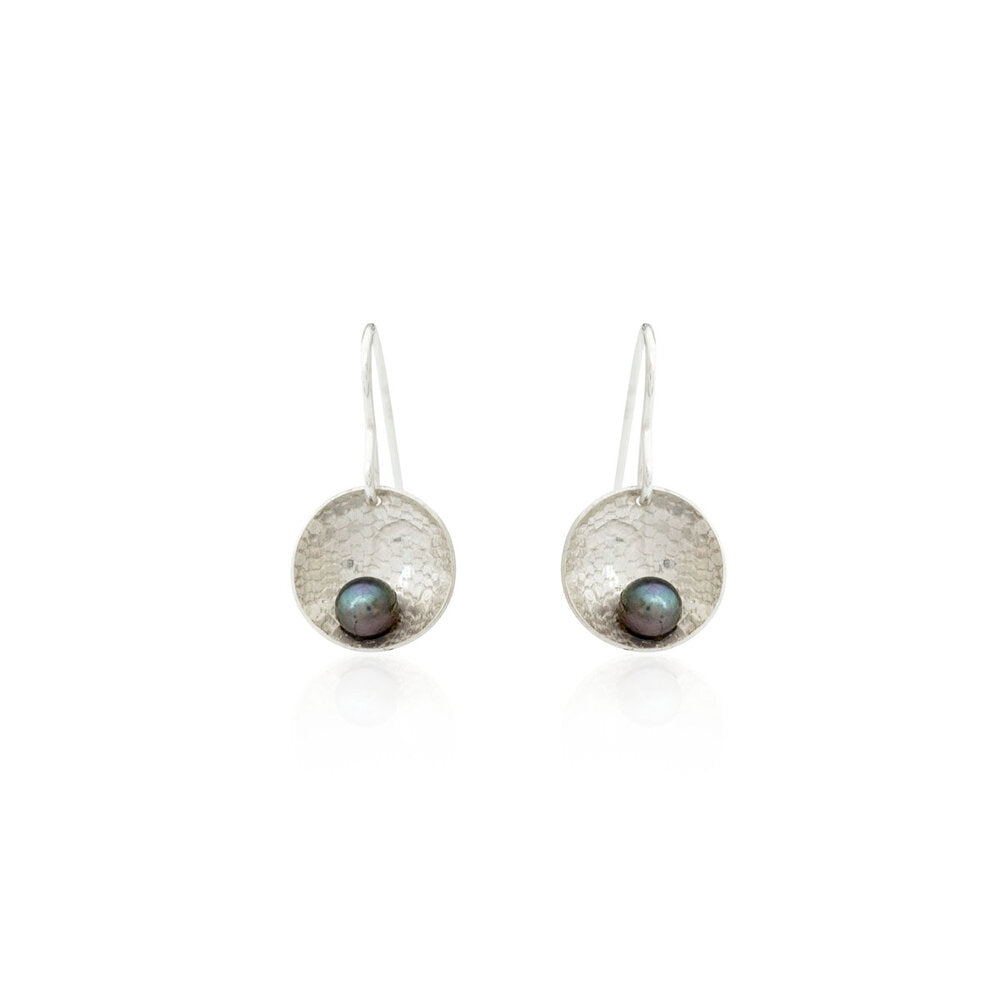 Kate Phipps Jewellery Domed circles drop earrings peacock pearl lace textured silver front on product photo