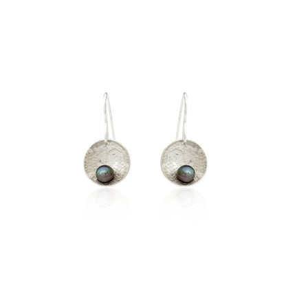 Kate Phipps Jewellery Domed circles drop earrings peacock pearl lace textured silver front on product photo