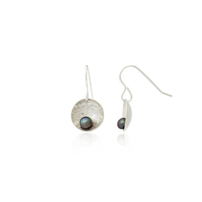 Kate Phipps Jewellery Domed circles drop earrings peacock pearl lace textured silver one side on product photo