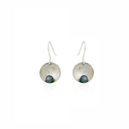 Kate Phipps Jewellery Domed circles drop earrings peacock pearl leaf skeleton textured silver front on product photo