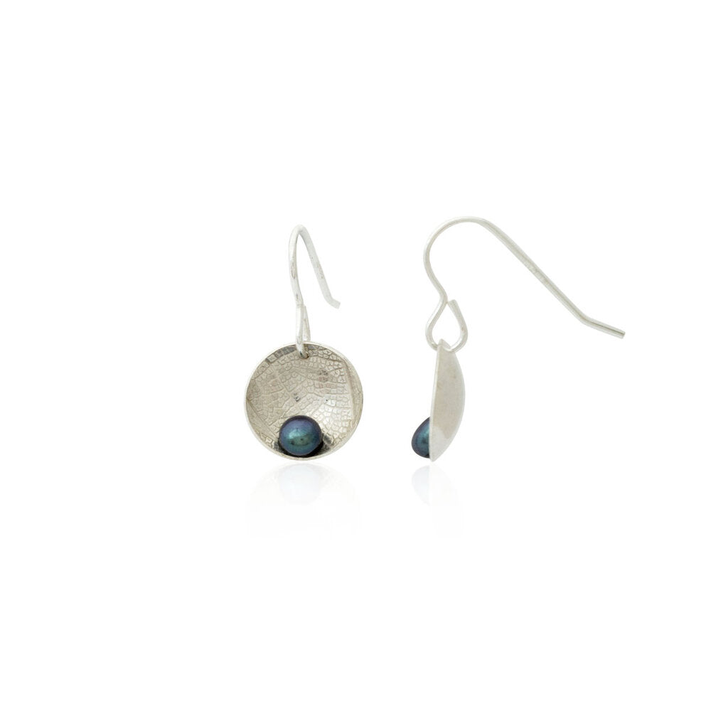 Kate Phipps Jewellery Domed circles drop earrings peacock pearl leaf skeleton textured silver  product photo