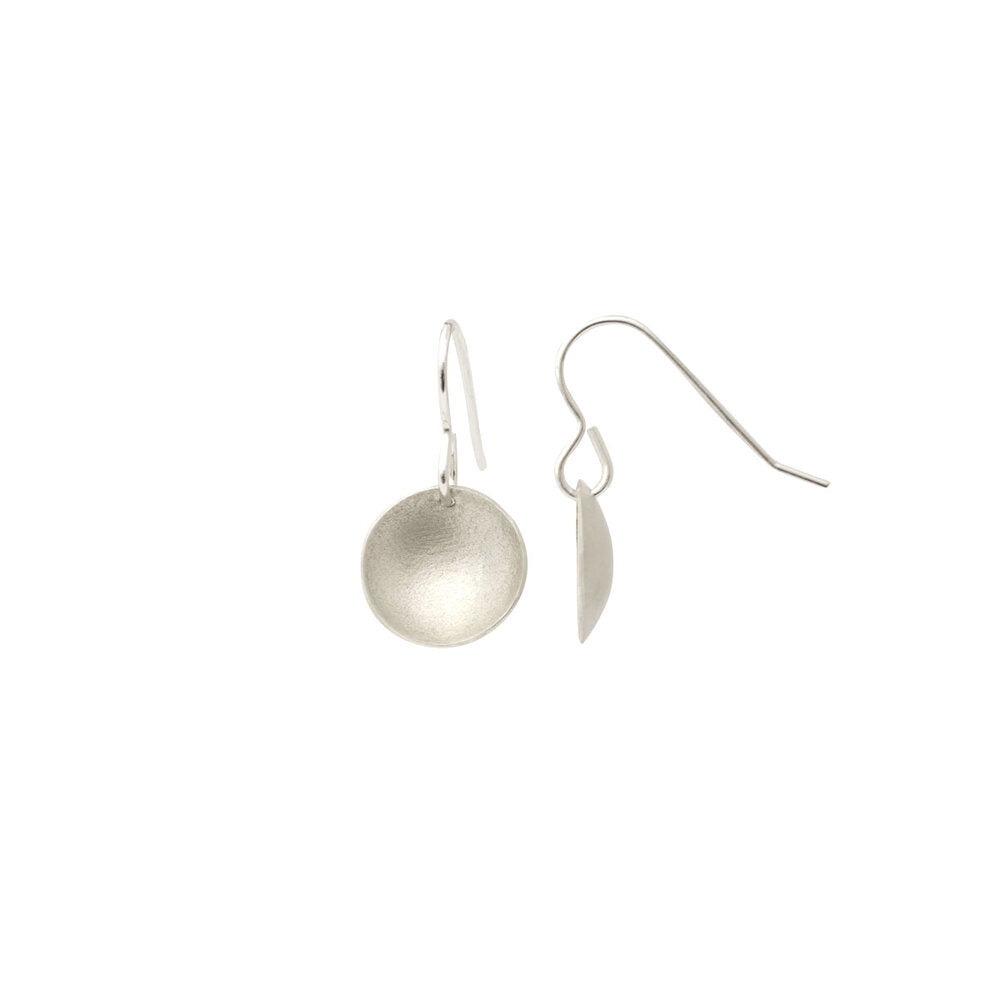 Kate Phipps Jewellery Domed circles drop earrings satin finish silver one side on product photo