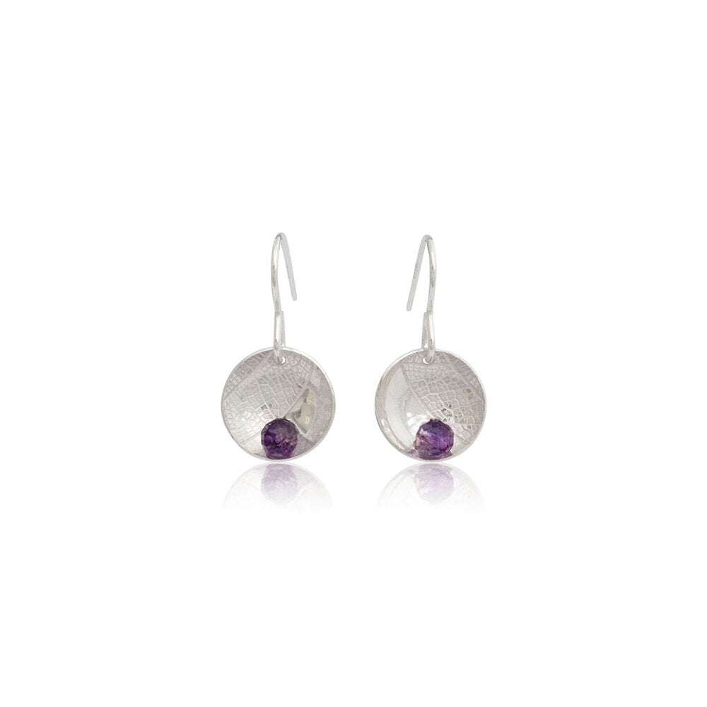Kate Phipps Jewellery Domed circles drop earrings silver and amethyst bead leaf skeleton textured silver front on product photo