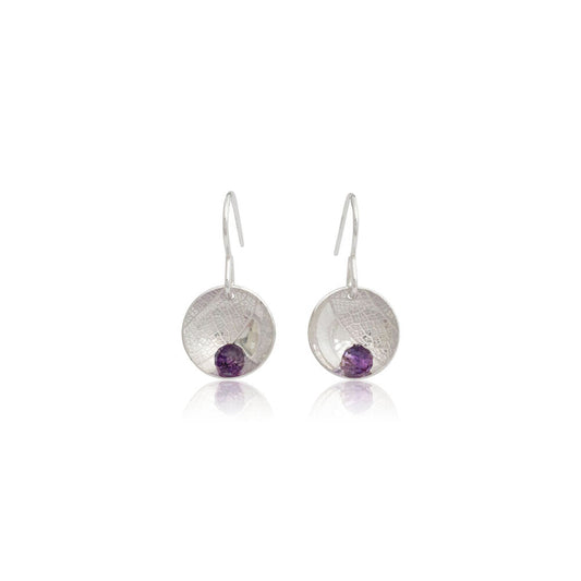 Kate Phipps Jewellery Domed circles drop earrings silver and amethyst bead leaf skeleton textured silver front on product photo
