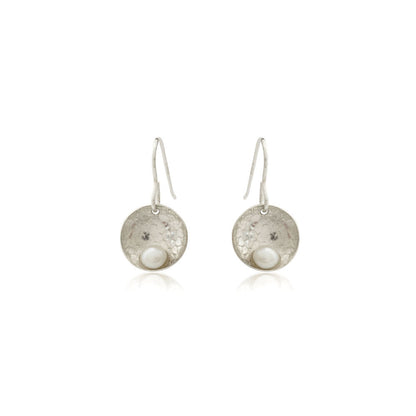 Kate Phipps Jewellery Domed circles drop earrings white pearl lace textured silver front on product photo