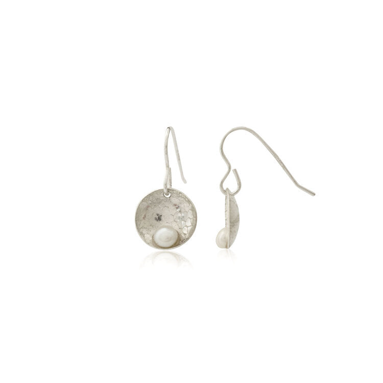 Kate Phipps Jewellery Domed circles drop earrings white pearl lace textured silver product photo