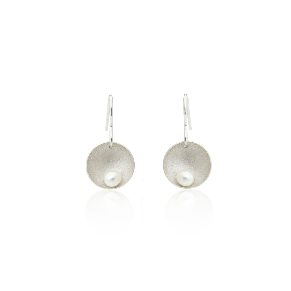 Kate Phipps Jewellery Domed circles drop earrings white pearl satin finish silver front on product photo