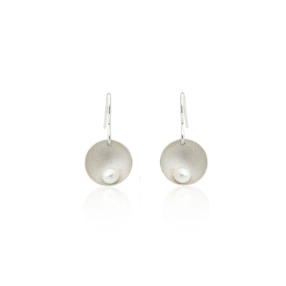 Kate Phipps Jewellery Domed circles drop earrings white pearl satin finish silver front on product photo