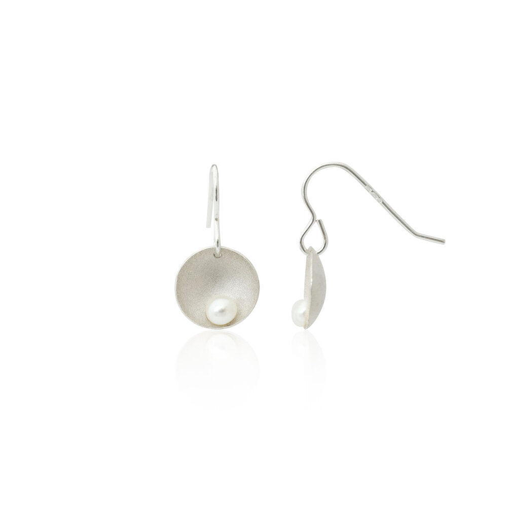 Kate Phipps Jewellery Domed circles drop earrings white pearl satin finish silver one side on product photo