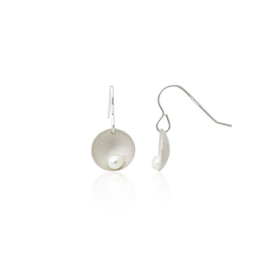 Kate Phipps Jewellery Domed circles drop earrings white pearl satin finish silver one side on product photo