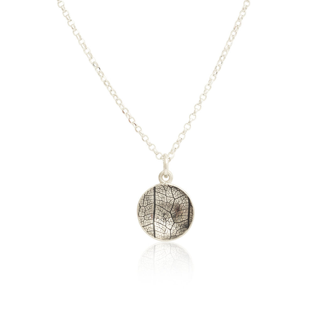 Kate Phipps Jewellery Domed circles necklace 13mm reversible oxidised silver leaf skeleton textured silver concave side