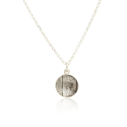 Kate Phipps Jewellery Domed circles necklace 13mm reversible oxidised silver leaf skeleton textured silver concave side