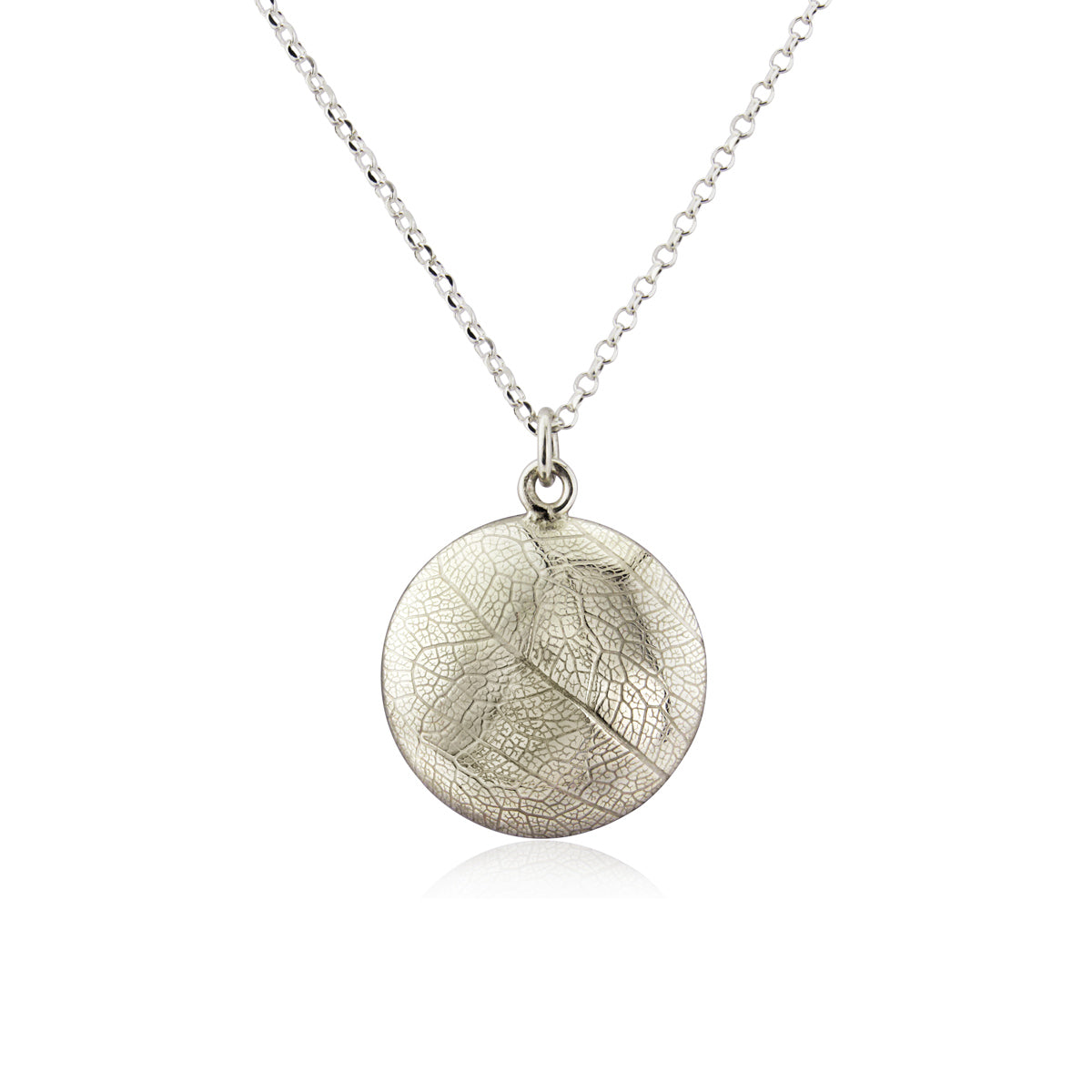 Kate Phipps Jewellery Domed circles necklace 21mm reversible leaf skeleton textured silver convex side product photo