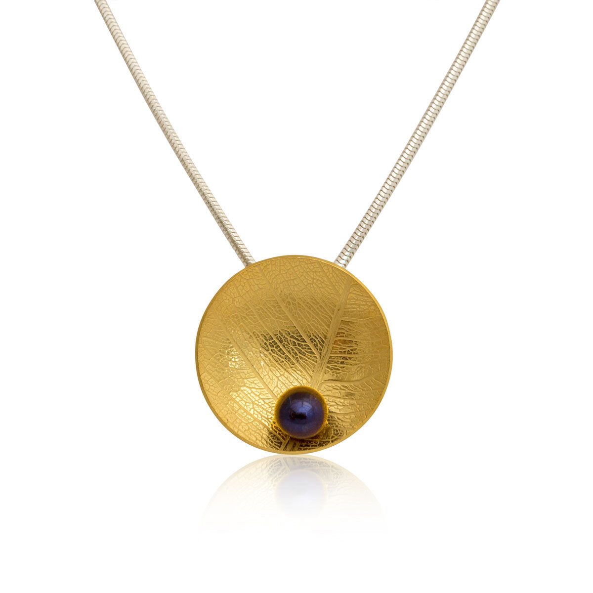 Kate Phipps Jewellery Domed circles necklace 22 carat yellow gold plated silver with leaf skeleton texture and peacock pearl product photo