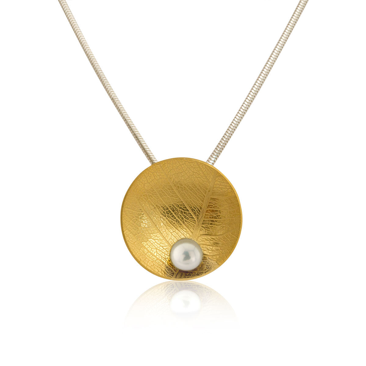 Kate Phipps Jewellery Domed circles necklace 22 carat yellow gold plated silver with leaf skeleton texture and white pearl product photo