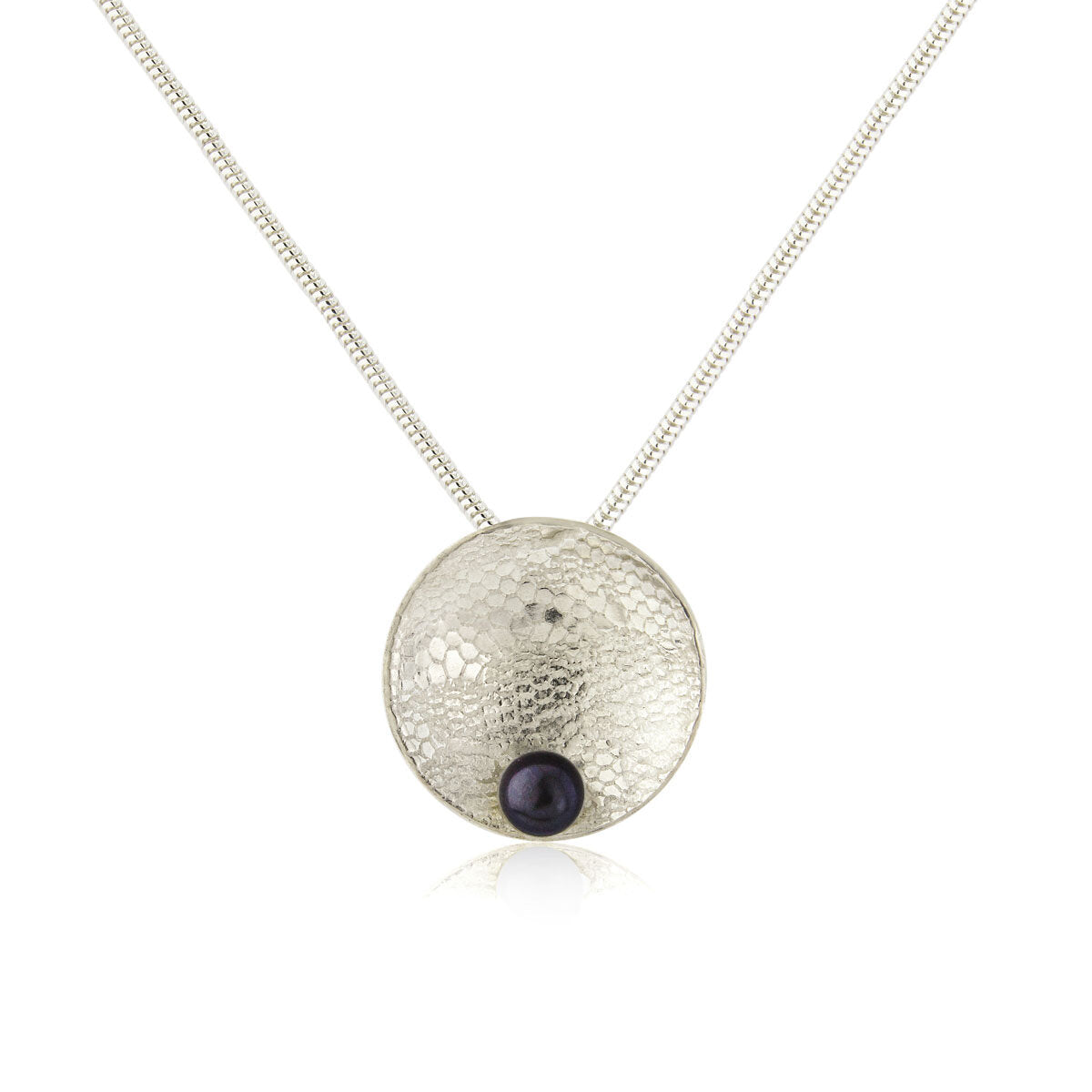 Kate Phipps Jewellery Domed circles necklace lace textured silver with peacock pearl product photo