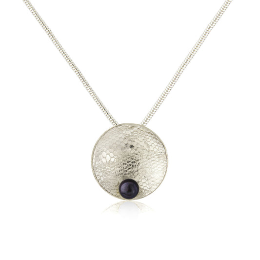Kate Phipps Jewellery Domed circles necklace lace textured silver with peacock pearl product photo