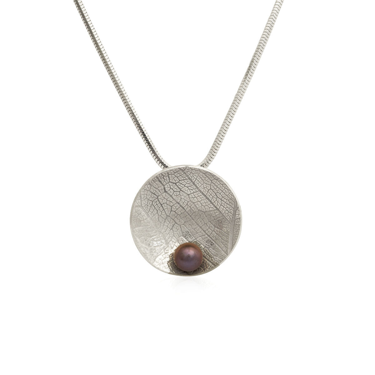 Kate Phipps Jewellery Domed circles necklace leaf skeleton textured silver with lilac grey pearl product photo