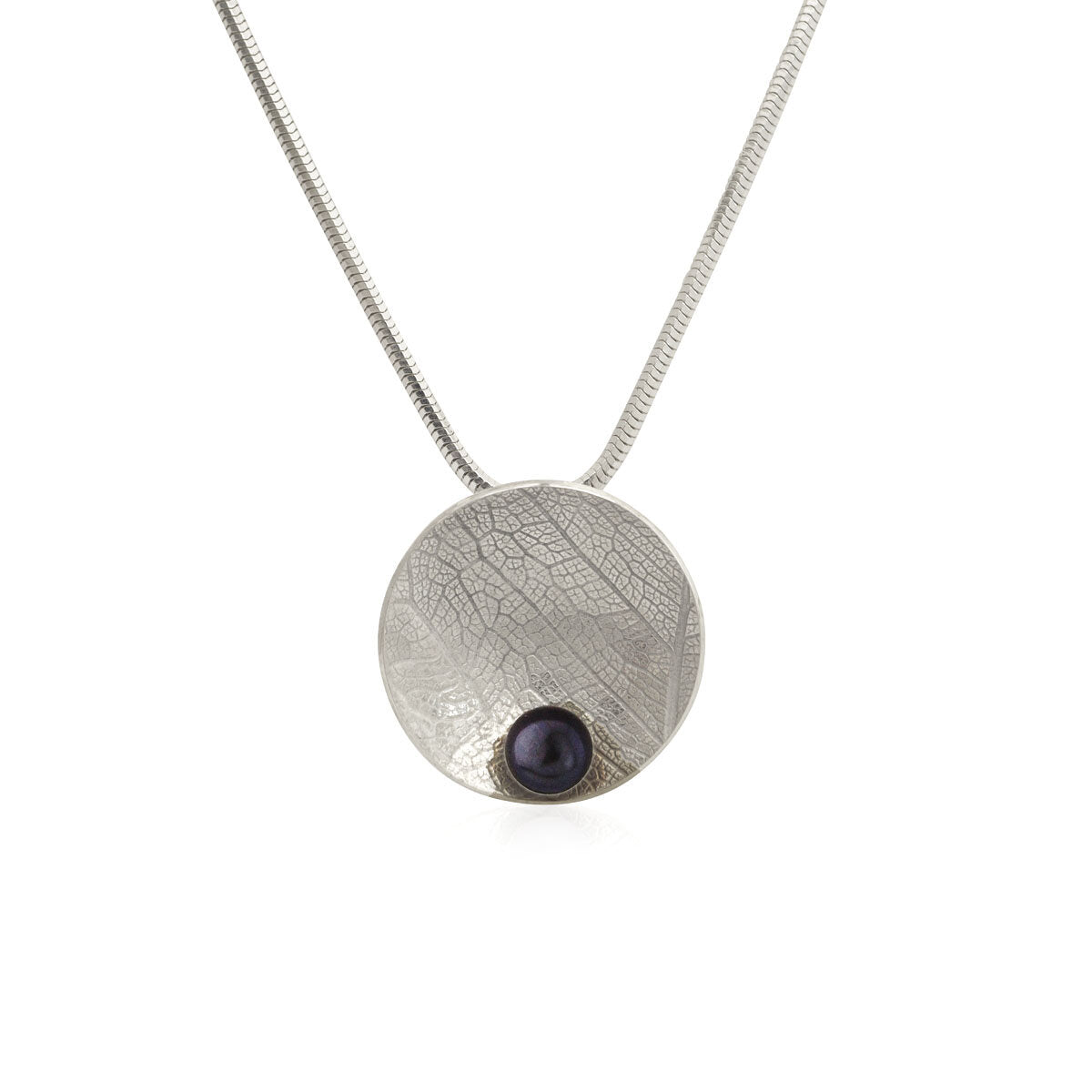 Kate Phipps Jewellery Domed circles necklace leaf skeleton textured silver with peacock pearl product photo