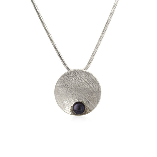 Kate Phipps Jewellery Domed circles necklace leaf skeleton textured silver with peacock pearl product photo
