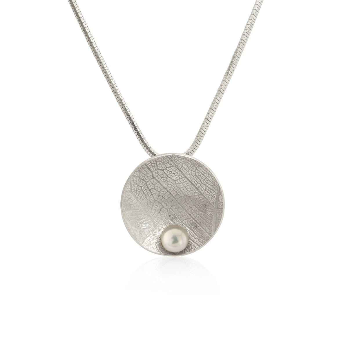 Kate Phipps Jewellery Domed circles necklace leaf skeleton textured silver with white pearl product photo