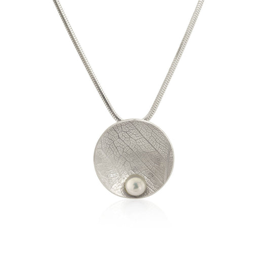 Kate Phipps Jewellery Domed circles necklace leaf skeleton textured silver with white pearl product photo