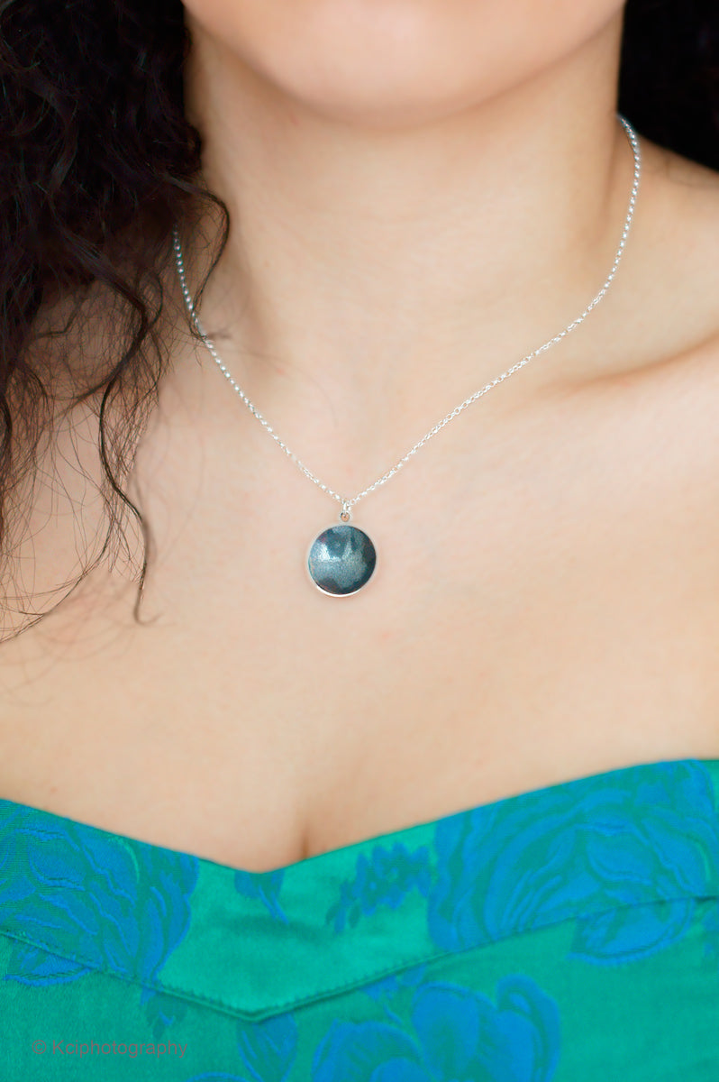 Kate Phipps Jewellery Domed circles necklace reversible oxidised silver concave side model photo