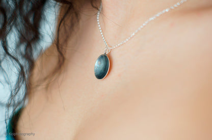 Kate Phipps Jewellery Domed circles necklace reversible oxidised silver concave side model photo 2