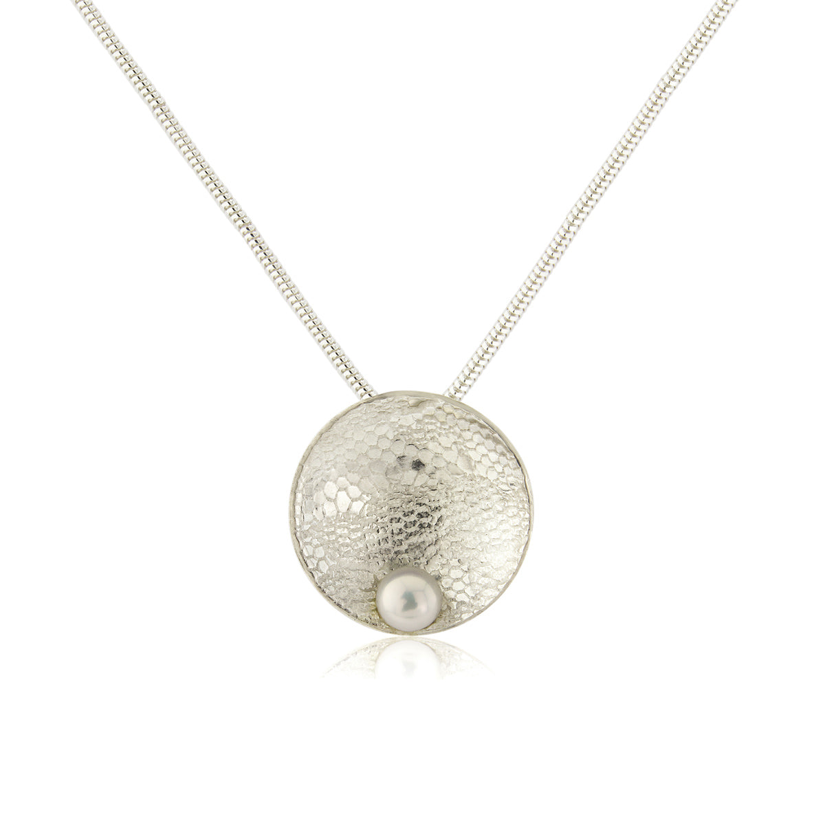 Kate Phipps Jewellery Domed circles necklace white pearl lace textured silver product photo