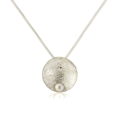 Kate Phipps Jewellery Domed circles necklace white pearl lace textured silver product photo