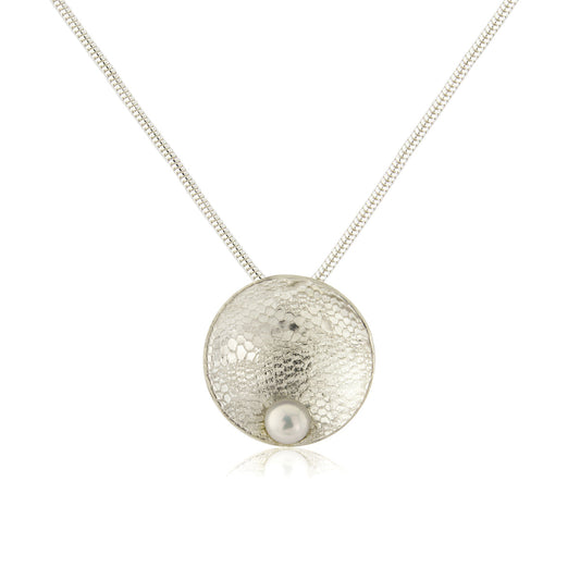 Kate Phipps Jewellery Domed circles necklace white pearl lace textured silver product photo