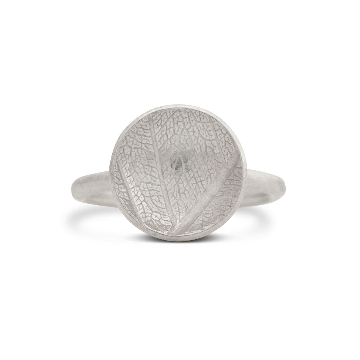 Kate Phipps Jewellery Domed circles ring large leaf skeleton textured silver product photo
