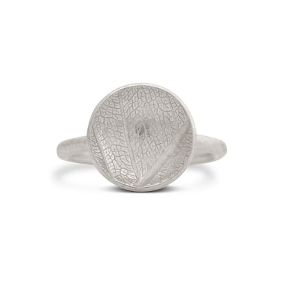 Kate Phipps Jewellery Domed circles ring large leaf skeleton textured silver product photo